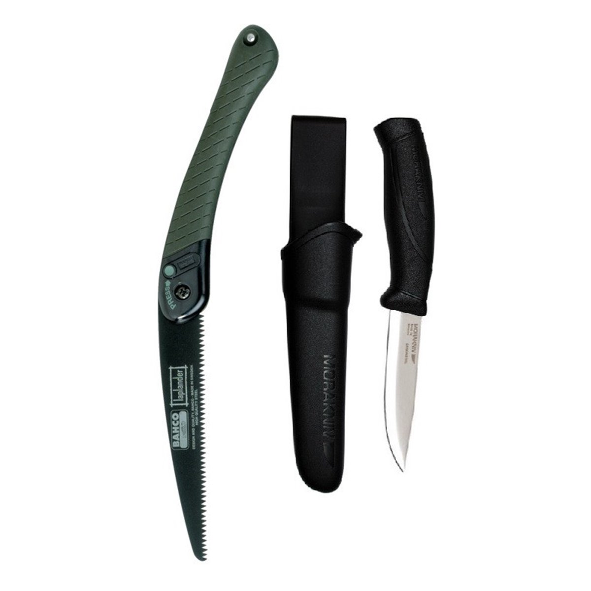 Set cuţit Mora Companion NEGRU si fierastrau Bahco pentru bushcraft/ camping/ vanatoare